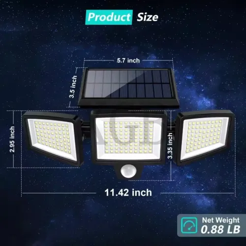 Solar Outdoor Lights Remote Control 3 Heads Motion Sensor Lights IP65 Waterproof 270 Wide Angle Flood Wall Lights with 3 Modes