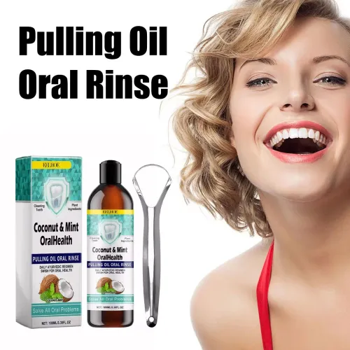 Peppermint Coconut Oil Mouthwash for Cleaning, Whitening, and Freshening Breath Oral Care with Tongue Scraper