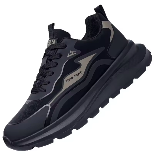 Men's Casual Leather Surface Sports Shoes Lightweight Versatile Soft Thick Bottom Dad Shoes Black Color Breathable Mesh Inner