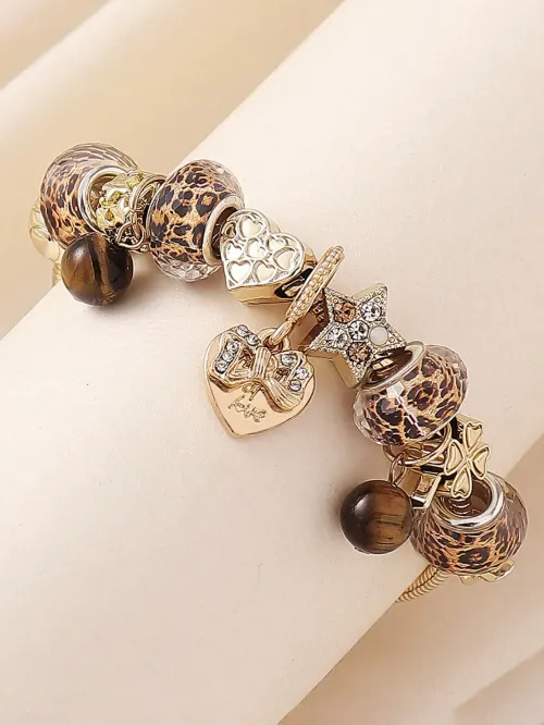 Stylish Leopard Print Butterfly Heart Bracelet Shiny CZ Star Charm Bracelet Women Trendy Daily Party Jewelry