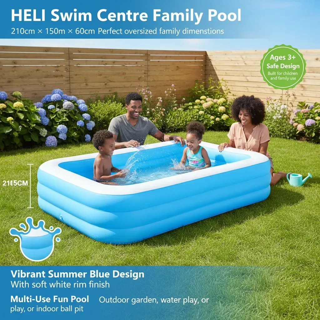 Oversized Family Blow-Up Pool – 210cm x 150cm x 60cm Backyard Water Park for Kids & Adults