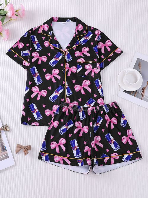 Women's New Arrival Printed Short Sleeve Shorts Pajama Set Lapel Bow Tie Pattern Comfortable Loungewear for Home