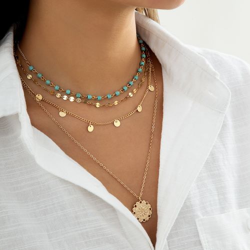 Four-piece turquoise beaded clavicle necklace for women with flower disc pendant necklace