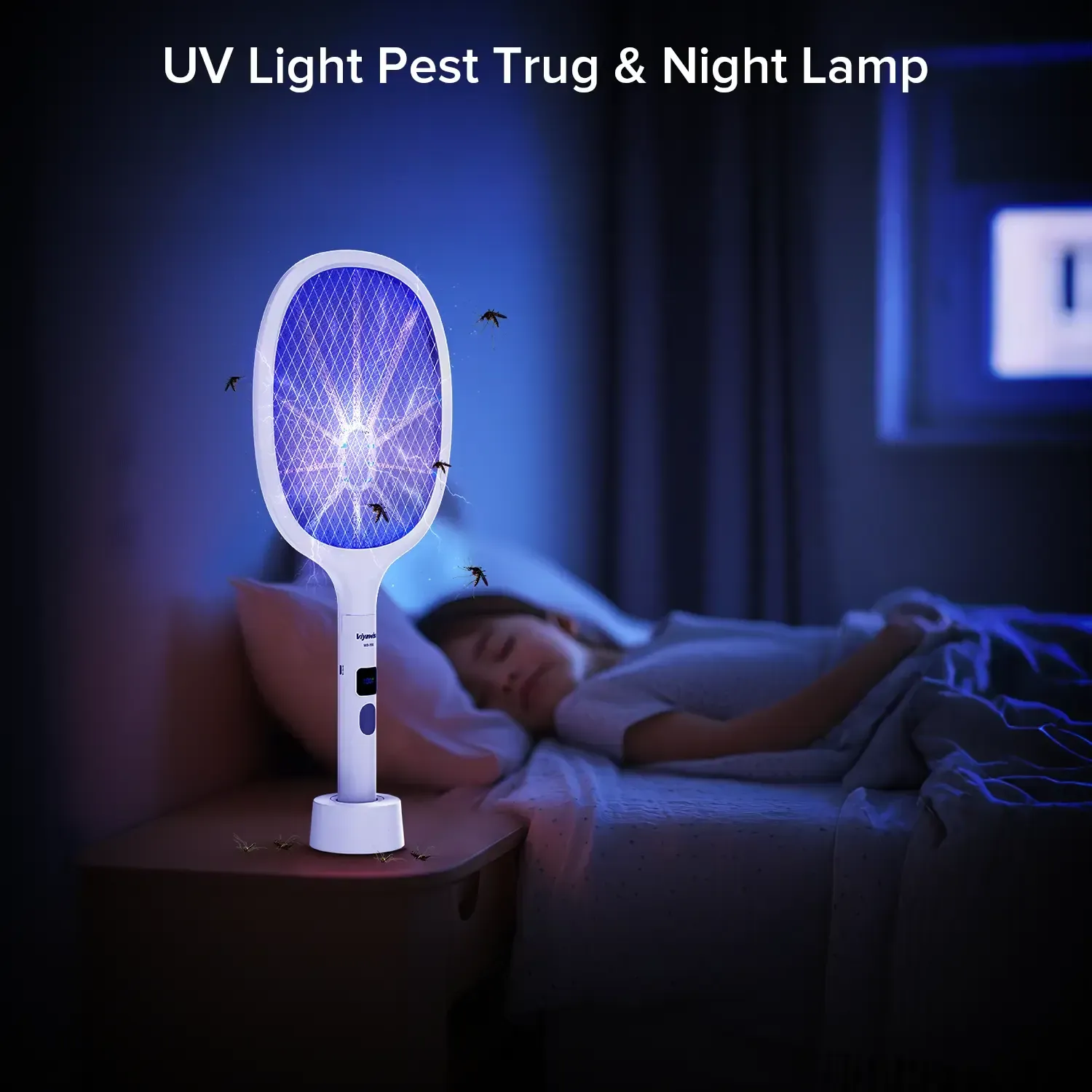 Powerful Bug Zapper Racket  Indoor Outdoor Use Features a large mesh surface and 10 LED lights rechargeable effectively eliminates mosquitoes and gnats equipped with an LED display a safe and reliable electric fly swatter for home use.
