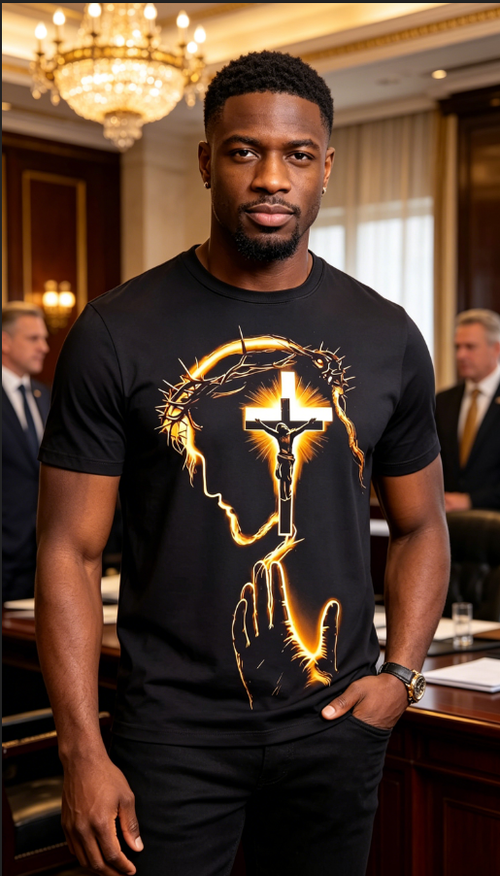 Premium Gold-Tone Cross Print Men's T-Shirt  Luxury Faith Design Tee