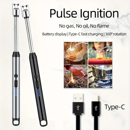 Electronic lighter, USB rechargeable electronic lighter with battery indicator and intelligent power-off function, 360° flexible neck, suitable for candles, gas stoves, cooking, and camping.
