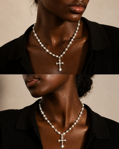 Silver-tone pearl and rhinestone cross pendant necklace (unisex)