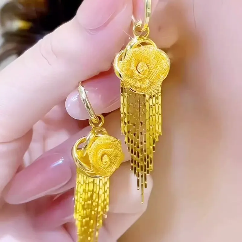 French Elegant Rose Flower Zircon Earrings For Women Light Luxury Long Tassel Ear Wire Dangle Earring Wedding Party Jewelry Gift