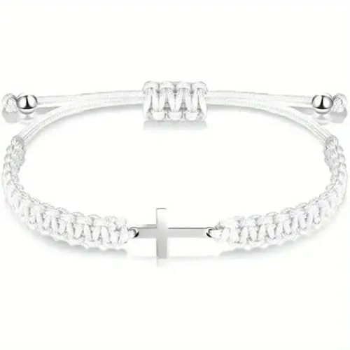 Simple Cross Black White Braided Rope Couple Bracelets Silver Color Adjustable Bracelet Christian Jewelry