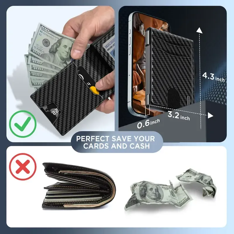 Minimalist Pop-Up Wallet for Men – RFID Blocking Aluminum Card Holder with Cash Slot, ID Window & Leather Front Pocket