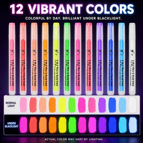12 Colors Glow Face Paint Markers Black Light Reactive Non-Toxic UV Neon Face Paint Water-Based Easy Wash Off Washable Makeup