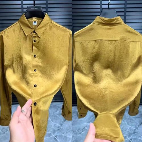 Sophisticated Golden Satin Textured Long Sleeve Shirt