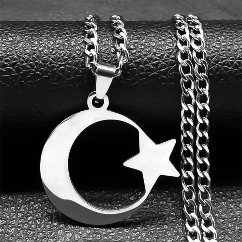 Muslim Stainless Steel Star Moon Pendant Chain Necklace For Men Neck Jewelry Accessories Male