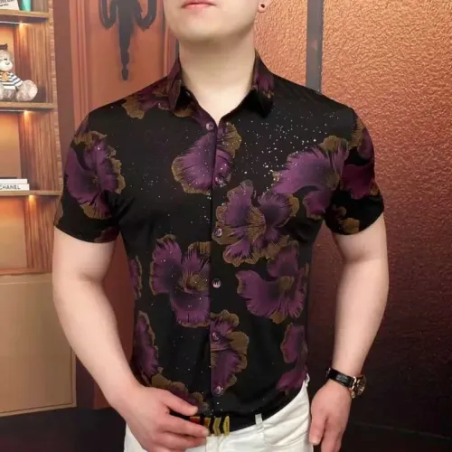 Summer Flower Print Rhinestone Shirt for Men Slim Fit Short Sleeve Casual Shirts Versatile Social Business Streetwear Shirt 2026