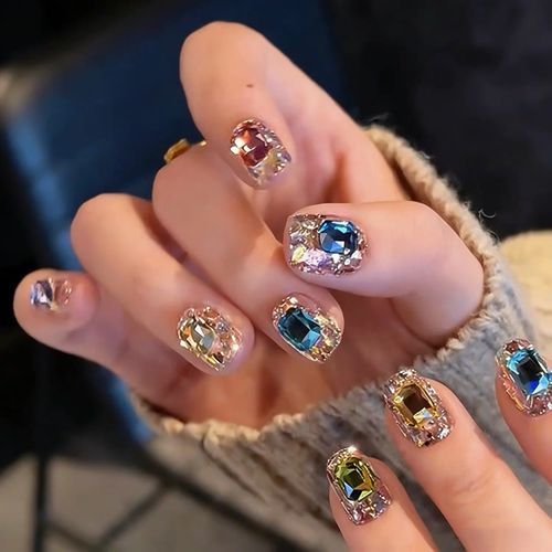 Luxury Multicolor Gemstone Press-On Nails – Short Square Crystal Rhinestone False Nails for Glamorous Parties, Dates & Special Occasions