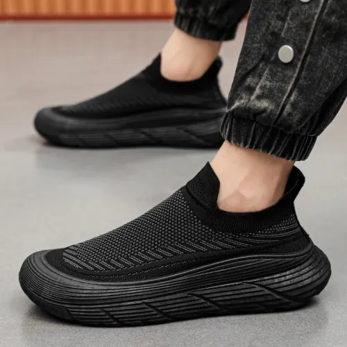 BLACK Ultra-Soft, Thick-Soled, Breathable Mesh & Flyknit Athletic Casual Shoes