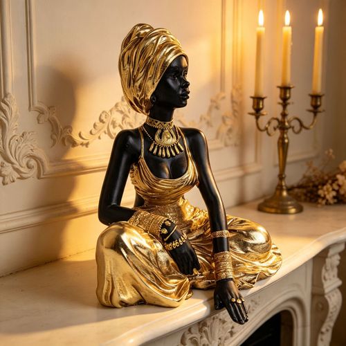 Elegant Black Woman Figurine, Golden Dress & Turban, African Art Decor, Home & Office Ornament, Luxury Gift