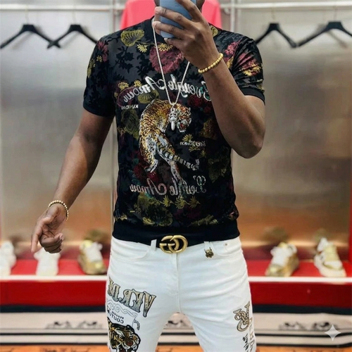 High-Quality Sequins Flocking Elastic T Shirt Men  Tiger Slim Fit Summer Comfortable Hollow
