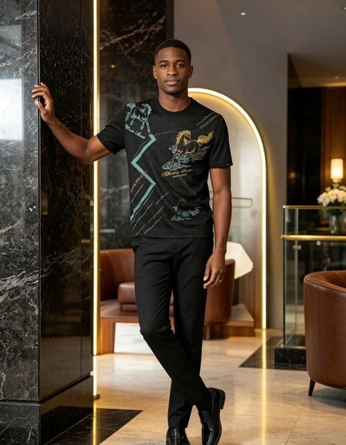Men Ice Silk Golden Stallion Print T-Shirt