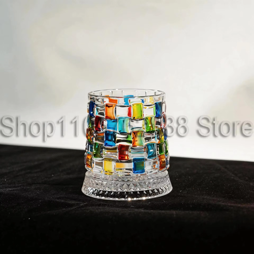 2pcs New Colorful Painting Rotating Whiskey Glass Creative Crystal Beer Cup Str Relief Liquor Cup With Base Straight Drink Wine Glass