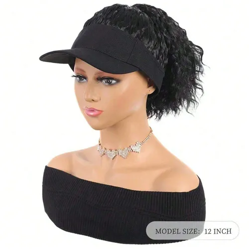 Synthetic 12inch Women's hat Water ripple wig hat with ponytail wig Hat with wig Lady's adjustable black baseball cap wig