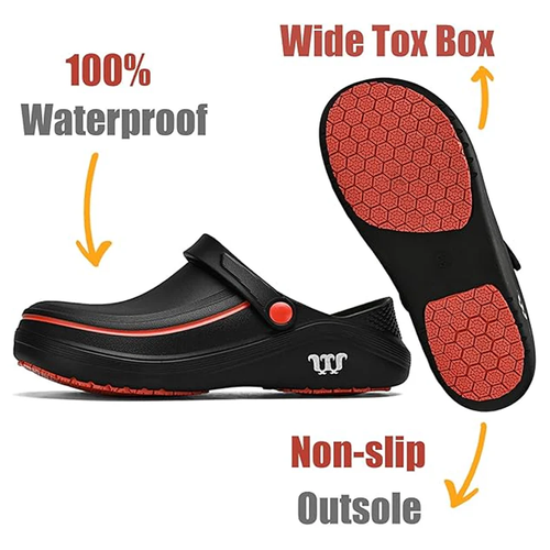 Waterproof and oil-resistant safety shoes with cushioned soles.