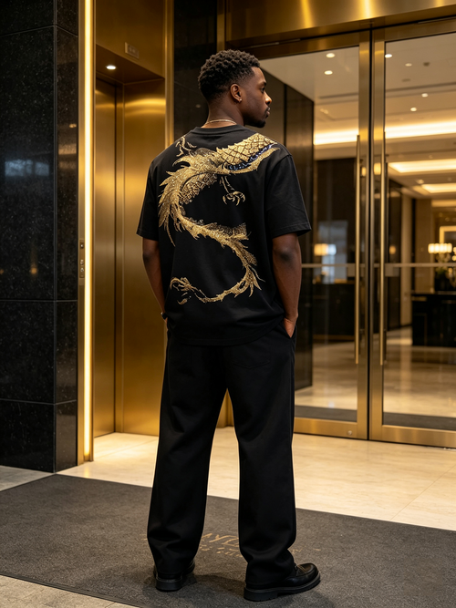 Black gold double-sided dragon pattern, Oriental luxury T-shirt