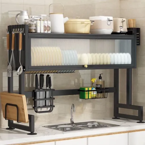 Closed Cabinet Dish Storage‌ - Heat-Resistant Doors Multi-Tier Carbon Steel Shelving for Compact Kitchen Spaces practical