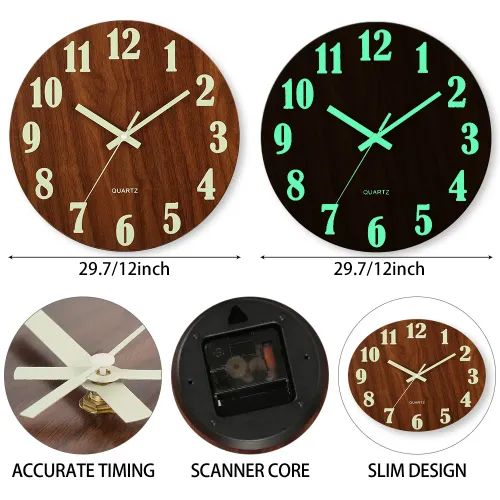 12 inch wooden luminous wall clock, silent clock