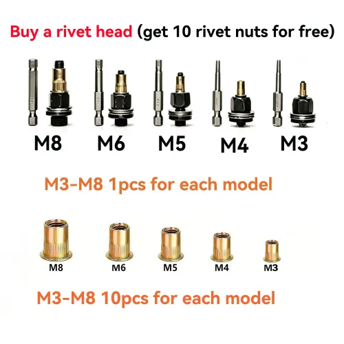10Pcs Riveting Tool Set with Rivet Heads and Nuts, Easy Manual Rivet Gun for Rivet Nuts M3-M8 + 50Pcs  Rivet Nuts
