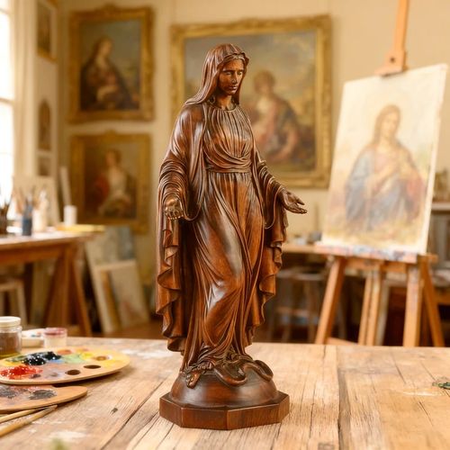 Hand Carved Sacred Heart of Jesus Virgin Mary Wooden Tabletop Ornament