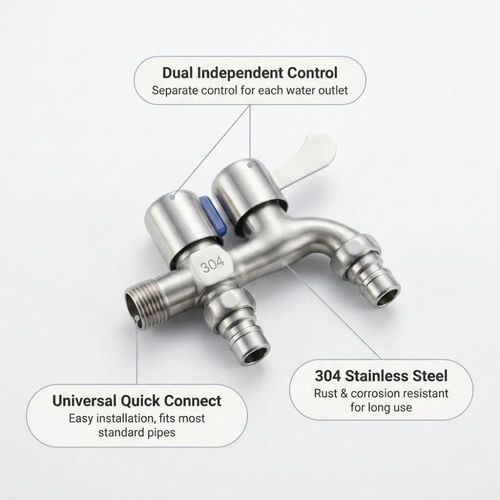 304 stainless steel Stainless steel faucet with dual outlets and dual controls, one in and two out