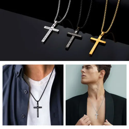 Philippians 4:13 Simple Cross Pendant for Men Necklace Stainless Steel Casual Religious Faith
