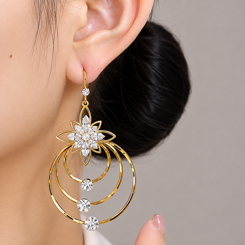 2pcs French Elegance Personality Flower Circle Exquisite Earrings for Women Light Luxury Inlay Drill Earrings Party Jewelry Accessory
