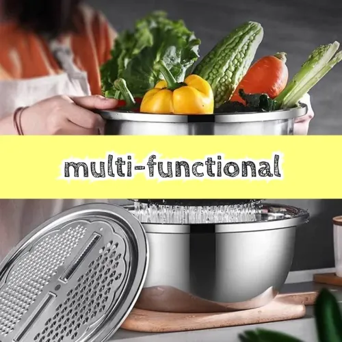3pcs Kitchen Kit with Stainless Steel Multifunctional Mixing Bowl Vegetable Slicer - Suitable for Cleaning and Slicing Fruits