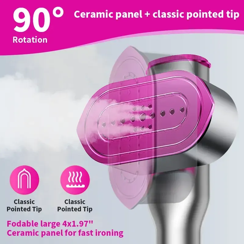 Dr.Flash handheld garment steamer, portable travel steam iron for clothes, LED display and 7 modes, 5-second rapid preheating, 90° rotating handle.