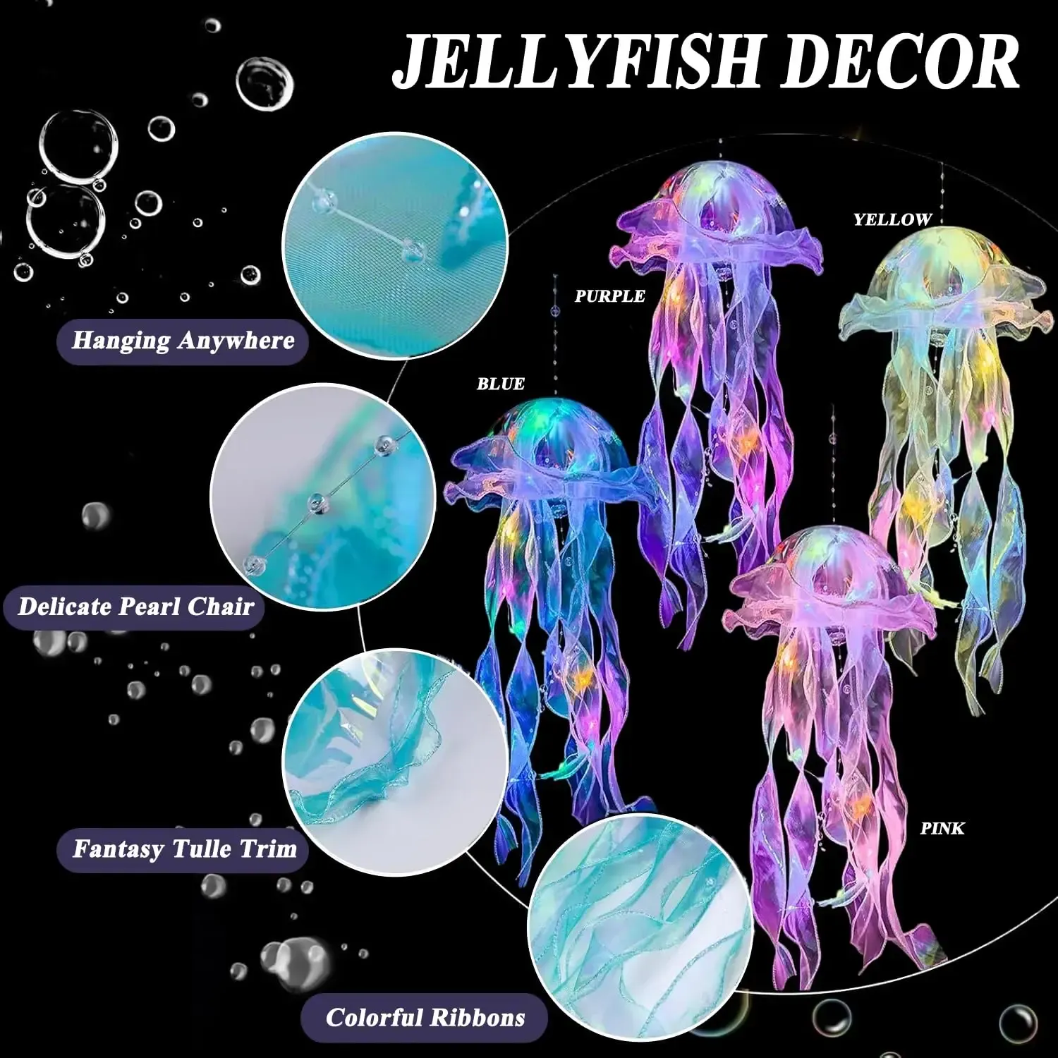 Jellyfish Decoration—5 colorful hanging lanterns (featuring 3 lighting effects),Color selected at random