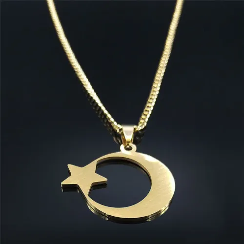Muslim Stainless Steel Star Moon Pendant Chain Necklace For Men Neck Jewelry Accessories Male