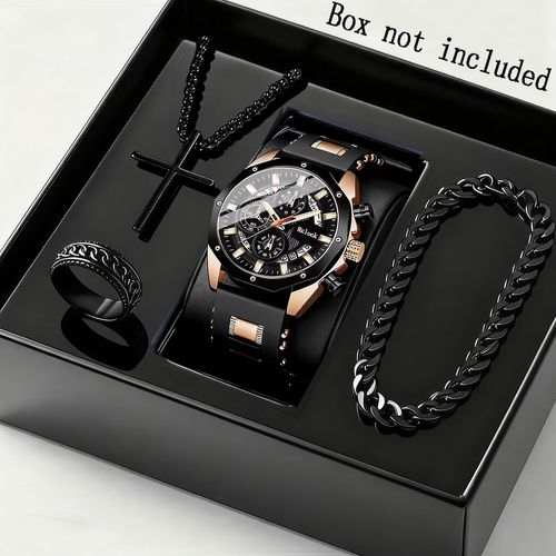 4PCS Hot-Selling Stylish Mens Watch Set – Business-Casual Watch, Bracelet, and Cross Necklace Set
