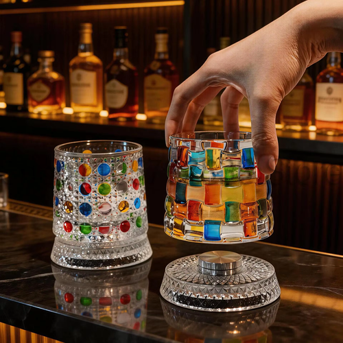 2pcs New Colorful Painting Rotating Whiskey Glass Creative Crystal Beer Cup Str Relief Liquor Cup With Base Straight Drink Wine Glass