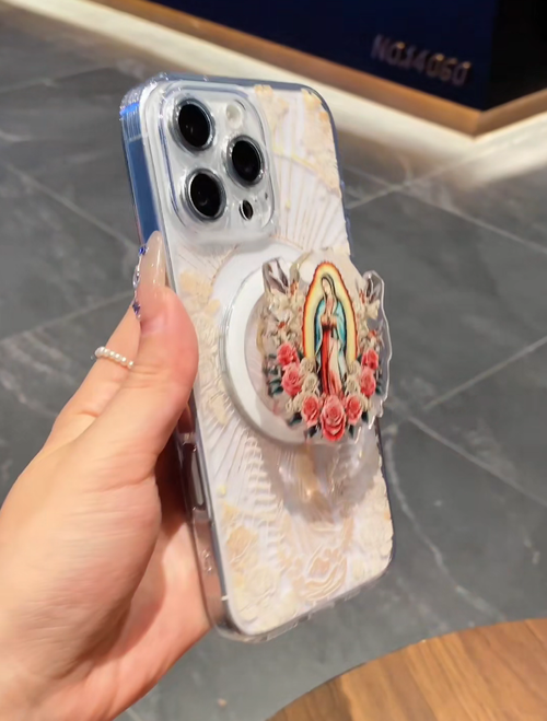 Divine Grip: Religious Theme Phone Grip & Stand with Cross & Madonna Designs