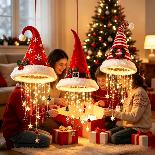 Hanging Santa Hat LED Tree Lights | Cascading Holiday Glow