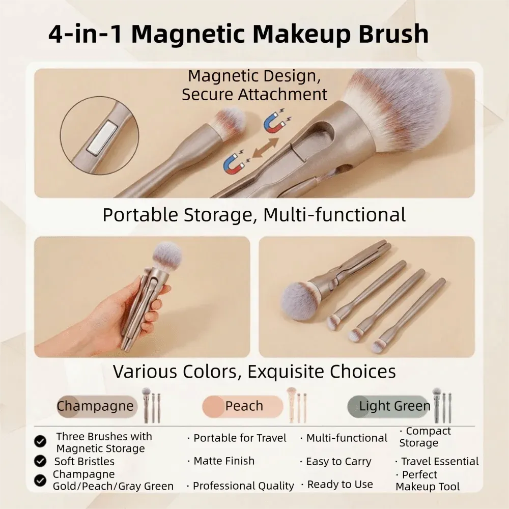 4Pcs 4 in-1 Makeup Brush Set Magnetic Suction Powder Blusher Brush Travel Makeup Brushes Soft Concealer Brush