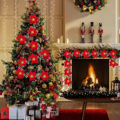 Poinsettia Christmas Flowers Garland String Lights Xmas Tree Ornaments Indoor and Outdoor Party Decor Christmas Decoration Navidad