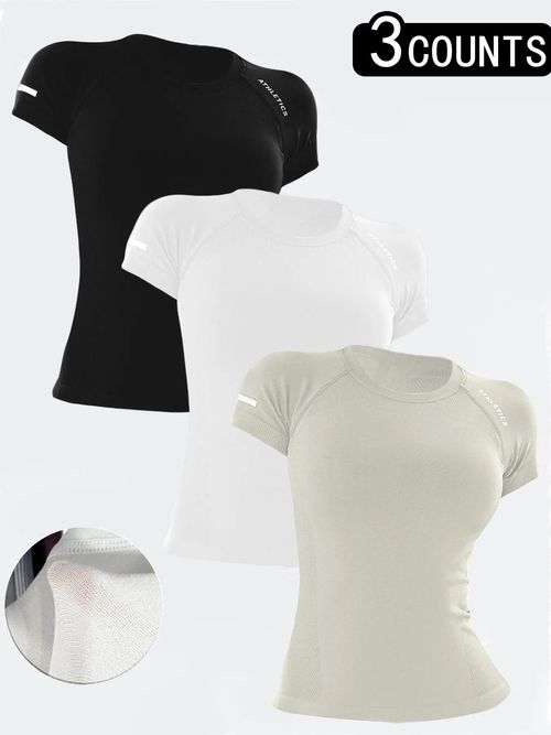 Women's Letter Print Raglan Sleeve Sports Tee, Round Neck Short Sleeve T-Shirt, Activewear T Shirt, Ladies Sportswear for Yoga Gym Workout