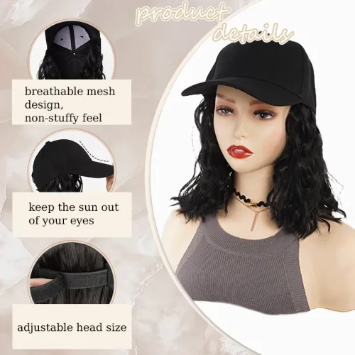 8inch Synthetic Hat Wig Hairpiece for Women Baseball Cap with Short Wavy Curly Hair Extensions Adjustable Hat for Women Daily