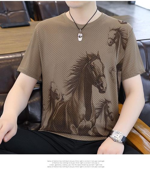 Men's Ice Silk Crew-Neck Short-Sleeve Tee with Horse Print