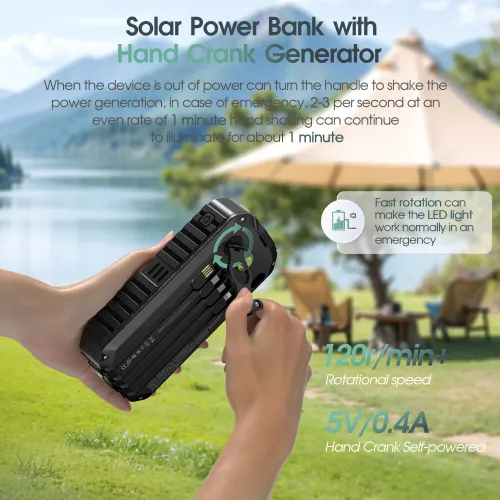 40,000mAh Solar Power Bank with Hand Crank  4 Cables,Dual UsB Type-C Fast Charging, Bright LED Light, Built-inCompass & Leveler