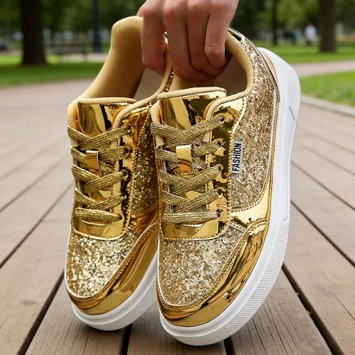 Fashionable Casual Sports Shoes Walking Gold Flat Vulcanized Shoes Lace up anti slip training sports shoes