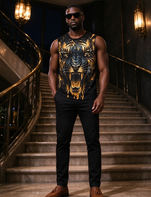 Men's Black Gold Tiger Head Graphic Print Crew Neck Sleeveless Vest